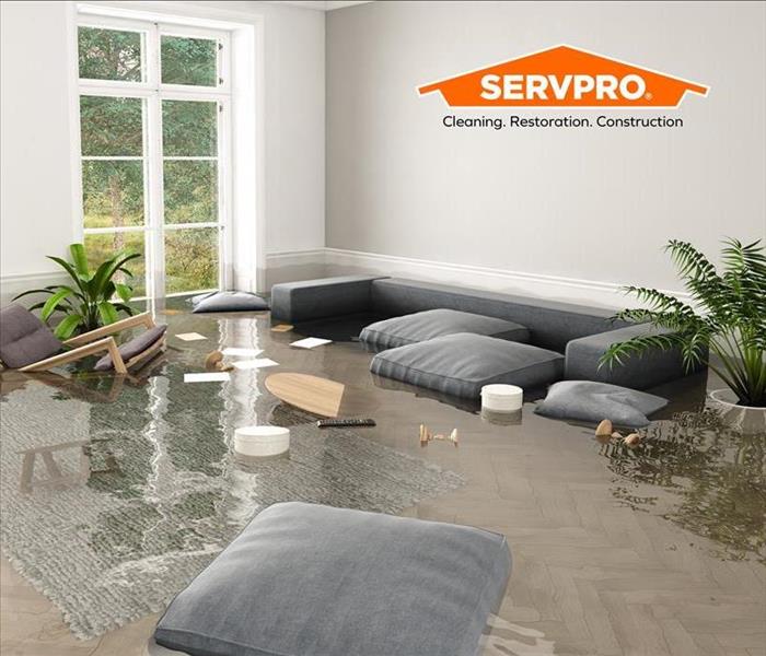 a flooded living room from a major rain event