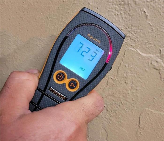 A GE Protimeter/Moister Detecting Device verifying a wet wall